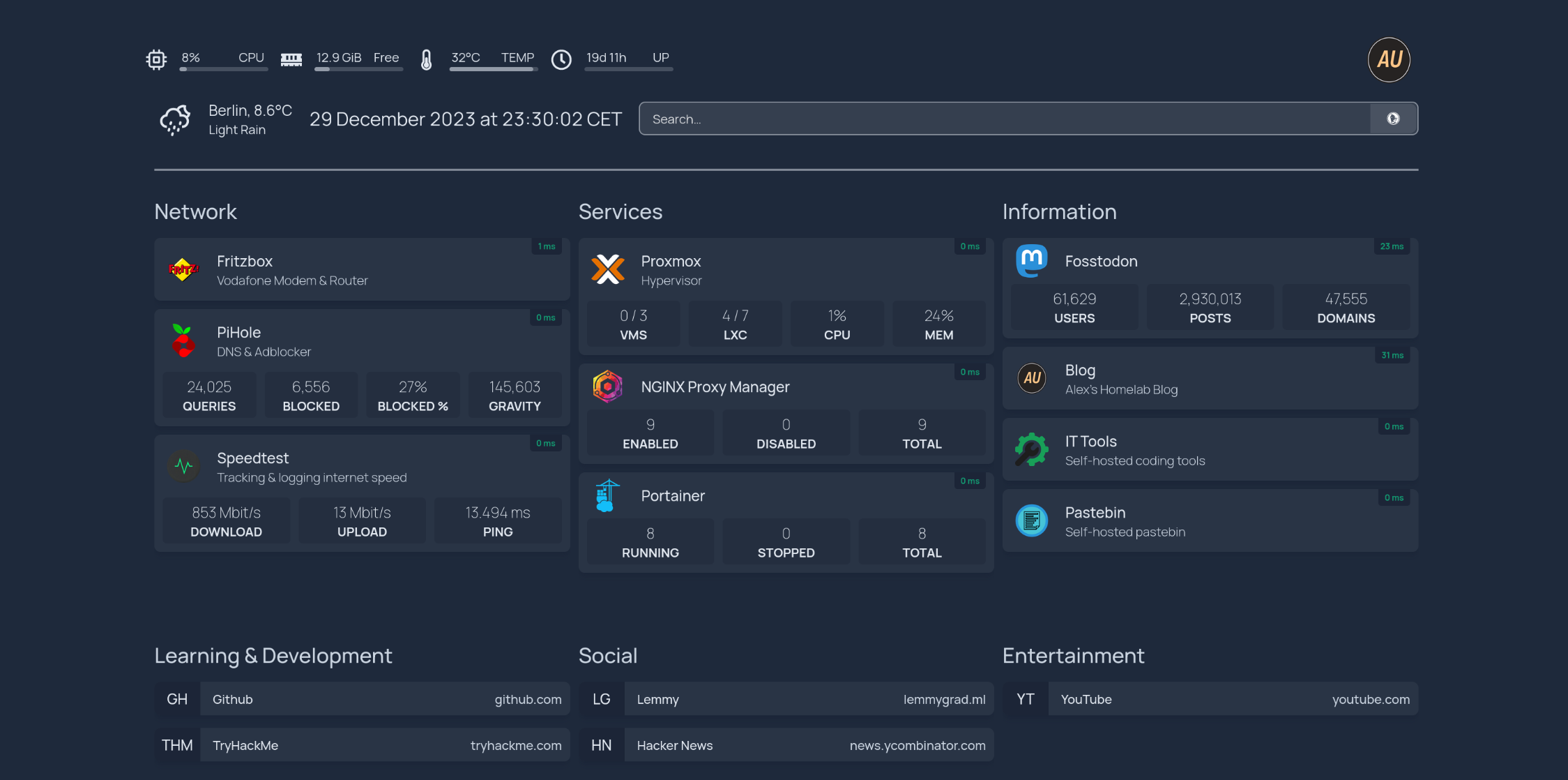 My homepage consists of some system stats, weather and the time in the top-left, a search bar in the top-right, and 3 columns in the centre showing Network (Fritzbox, PiHole, and Speedtest), Services (Proxmox, NGINX Proxy Manager, and Portainer) and Information (Fosstodon, this blog, IT Tools, and Pastebin). At the bottom there are 3 columns of links: Learning, Social and Entertainment.